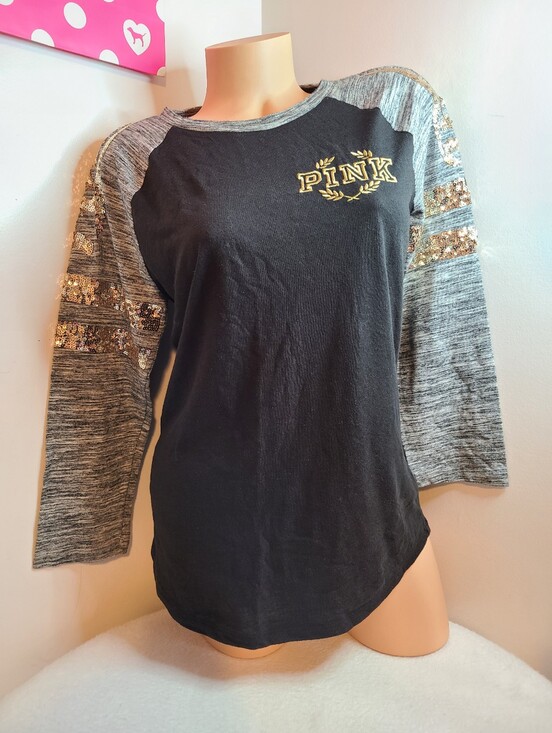 Victoria's Secret Tops - Y2K VS PINK Bling Campus Baseball Tee Size M - Black, Gray & Gold
